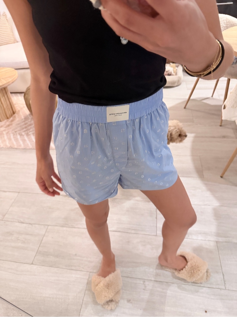 Alexander Wang Light Blue Metallic Logo-Print Shorts
